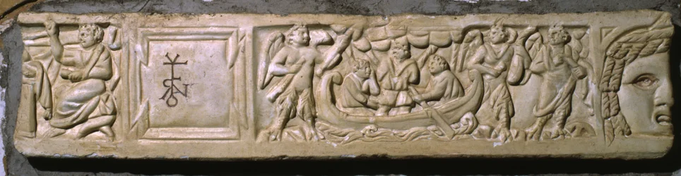 Ulisses e as sereias, tampa fragmentária de um sarcófago (mármore)